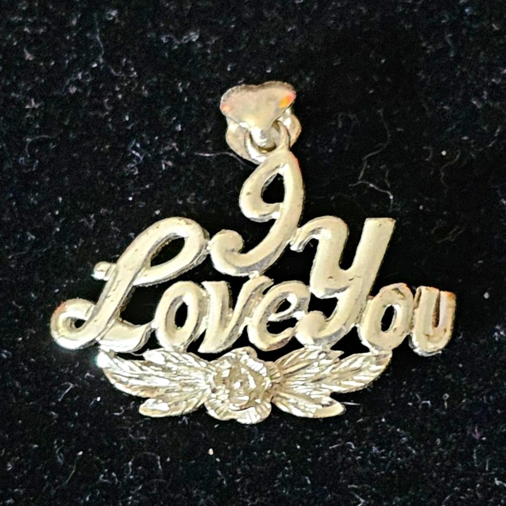 Vintage Sterling Silver 925 Peru I Love You Pendant Charm Floral Heart Script